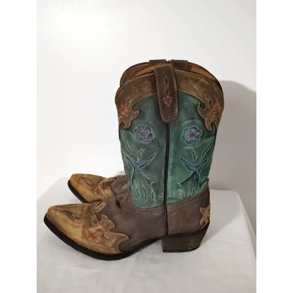 Dan Post Liberty Bird Brown Green Distressed Embroiderd Western Cowboy Boot 5.5Y